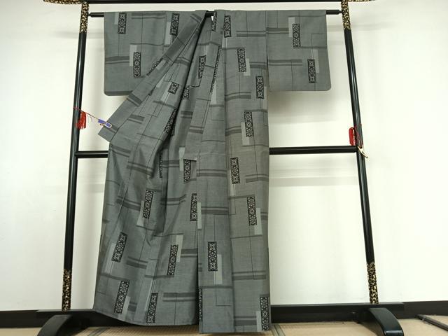 平和屋着物▽上質な紬　単衣　短冊花文　正絹　逸品　AABE8340jh