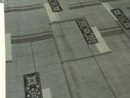 平和屋着物▽上質な紬　単衣　短冊花文　正絹　逸品　AABE8340jh