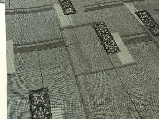 平和屋着物▽上質な紬　単衣　短冊花文　正絹　逸品　AABE8340jh