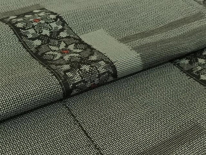 平和屋着物▽上質な紬　単衣　短冊花文　正絹　逸品　AABE8340jh