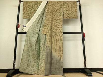 平和屋着物▽訪問着 単衣 生紬地 枝花文 正絹 逸品 AABE8351jh