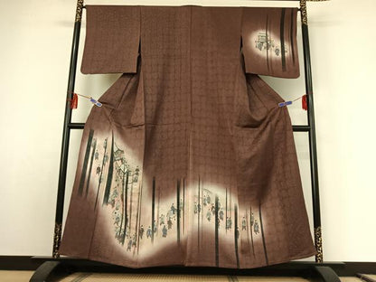 平和屋着物▽訪問着　単衣　手描き　人物文　暈し染め　銀通し地　正絹　逸品　AABE8352jh