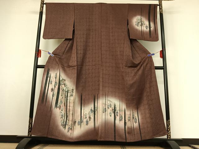 平和屋着物▽訪問着　単衣　手描き　人物文　暈し染め　銀通し地　正絹　逸品　AABE8352jh