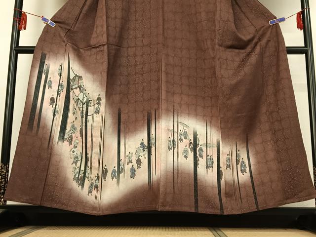 平和屋着物▽訪問着　単衣　手描き　人物文　暈し染め　銀通し地　正絹　逸品　AABE8352jh
