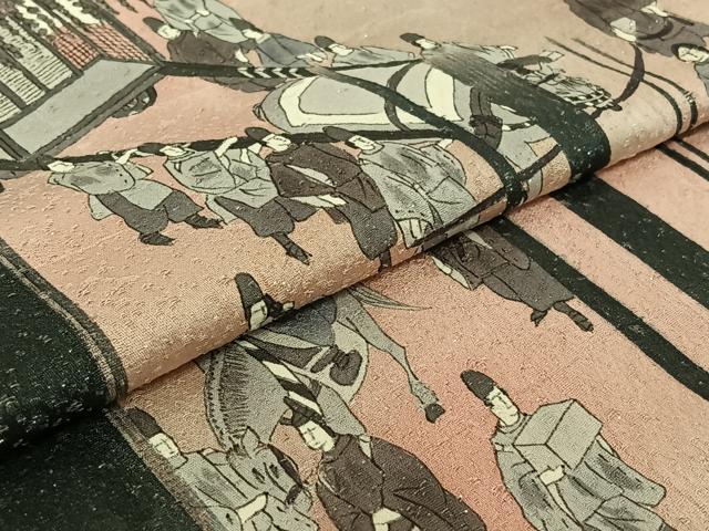 平和屋着物▽訪問着　単衣　手描き　人物文　暈し染め　銀通し地　正絹　逸品　AABE8352jh