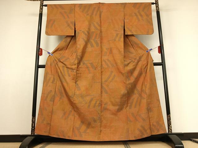 平和屋着物▽上質な紬 単衣 幾何学文様 正絹 逸品 AABE8354jh