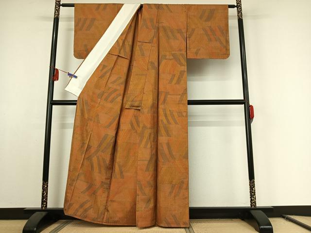 平和屋着物▽上質な紬 単衣 幾何学文様 正絹 逸品 AABE8354jh