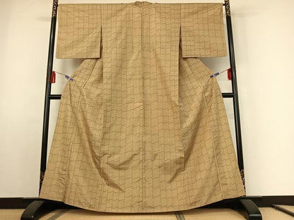 平和屋着物▽上質な紬 単衣 瓦文様 正絹 逸品 AABE8360jh