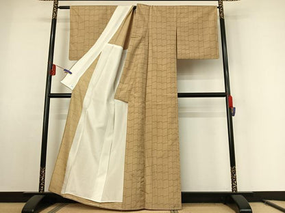 平和屋着物▽上質な紬 単衣 瓦文様 正絹 逸品 AABE8360jh
