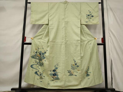 平和屋着物■訪問着　作家物　紬地　流水草花文　正絹　逸品　AABE8379st