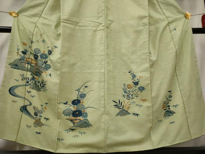 平和屋着物■訪問着　作家物　紬地　流水草花文　正絹　逸品　AABE8379st