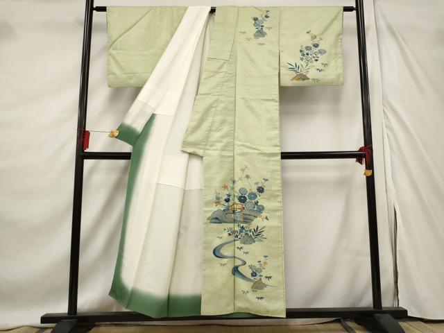 平和屋着物■訪問着　作家物　紬地　流水草花文　正絹　逸品　AABE8379st
