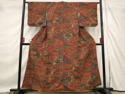 平和屋着物■上質な小紋　型染め　流水草花文　お召縮緬　正絹　逸品　未使用　AABE8403st