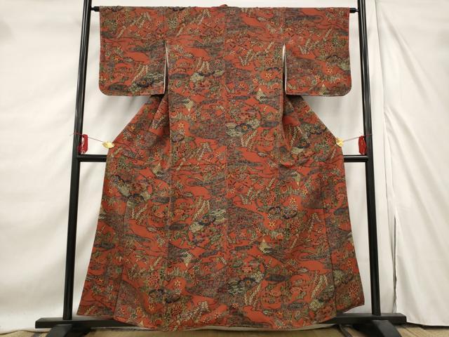 平和屋着物■上質な小紋　型染め　流水草花文　お召縮緬　正絹　逸品　未使用　AABE8403st