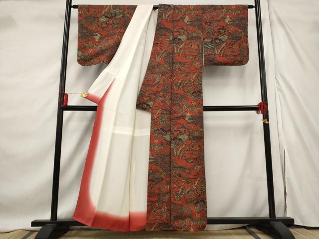 平和屋着物■上質な小紋　型染め　流水草花文　お召縮緬　正絹　逸品　未使用　AABE8403st