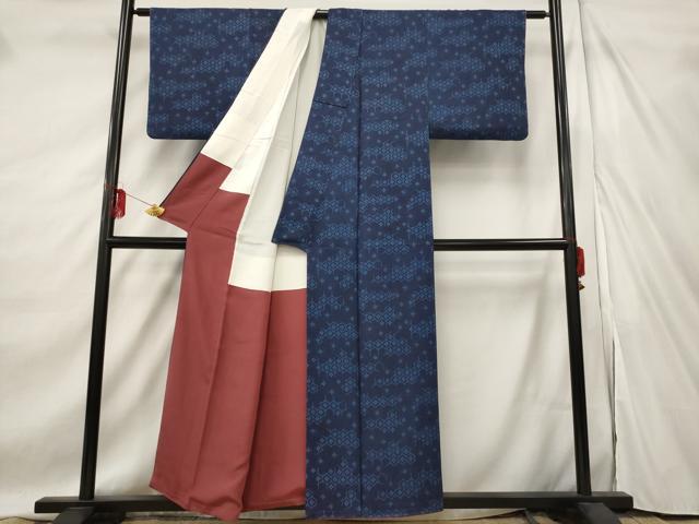 平和屋着物■上質な小紋　本藍型絵染め　亀甲花文　正絹　逸品　AABE8439st