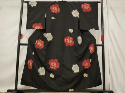 平和屋着物■上質な小紋 寿光織 舞花文 黒地 金糸 正絹 逸品 AABE8504st