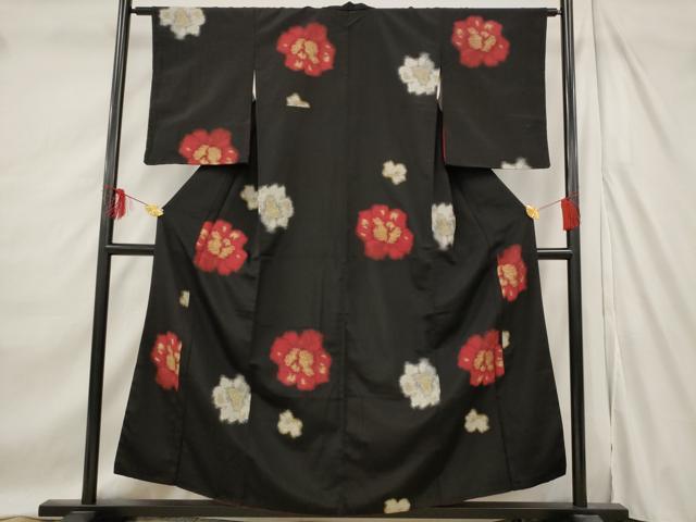 平和屋着物■上質な小紋 寿光織 舞花文 黒地 金糸 正絹 逸品 AABE8504st