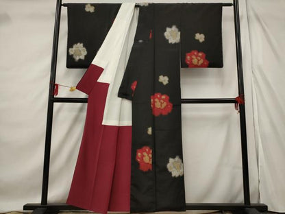 平和屋着物■上質な小紋 寿光織 舞花文 黒地 金糸 正絹 逸品 AABE8504st