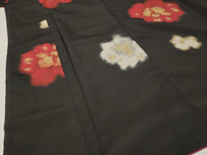 平和屋着物■上質な小紋 寿光織 舞花文 黒地 金糸 正絹 逸品 AABE8504st
