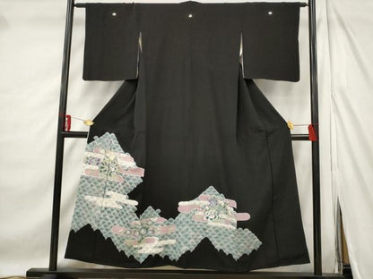 平和屋着物■豪華黒留袖　駒刺繍　エ霞花青海波文　銀彩　正絹　逸品　AABE8508st