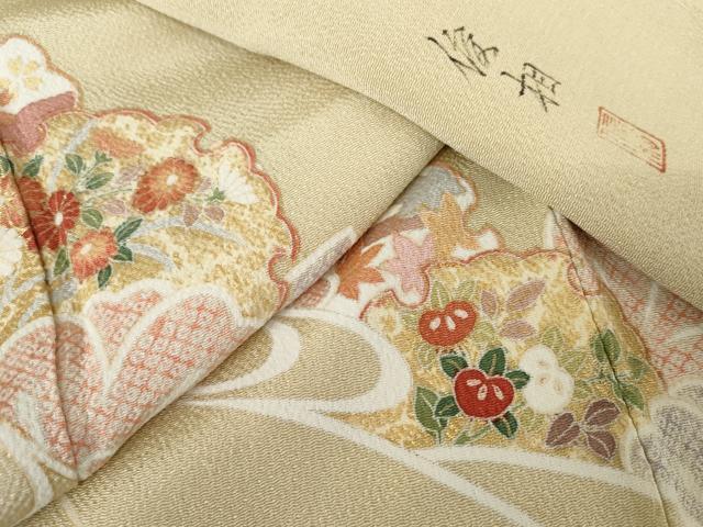 平和屋着物●訪問着　作家物　俊相　雪輪花文　鬼しぼ縮緬　正絹　逸品　AABE8524cs