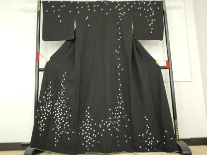 平和屋着物●訪問着　絞り　刺繍　吹き寄せ文　黒地　金糸　金彩　正絹　逸品　AABE8531cs