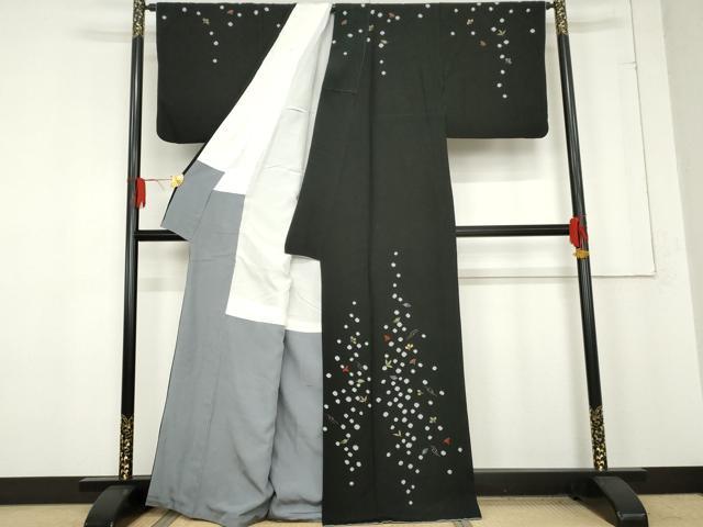 平和屋着物●訪問着　絞り　刺繍　吹き寄せ文　黒地　金糸　金彩　正絹　逸品　AABE8531cs