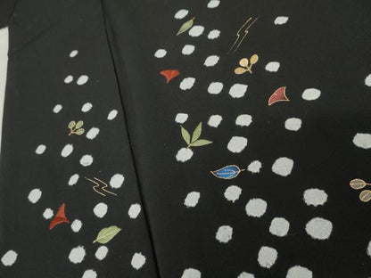 平和屋着物●訪問着　絞り　刺繍　吹き寄せ文　黒地　金糸　金彩　正絹　逸品　AABE8531cs