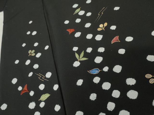 平和屋着物●訪問着　絞り　刺繍　吹き寄せ文　黒地　金糸　金彩　正絹　逸品　AABE8531cs