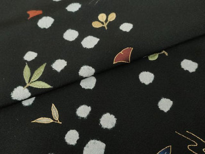 平和屋着物●訪問着　絞り　刺繍　吹き寄せ文　黒地　金糸　金彩　正絹　逸品　AABE8531cs