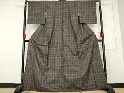 平和屋着物●本場大島紬　一元絣　変わり格子　正絹　逸品　AABE8541cs