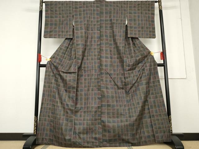 平和屋着物●本場大島紬　一元絣　変わり格子　正絹　逸品　AABE8541cs