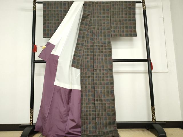 平和屋着物●本場大島紬　一元絣　変わり格子　正絹　逸品　AABE8541cs