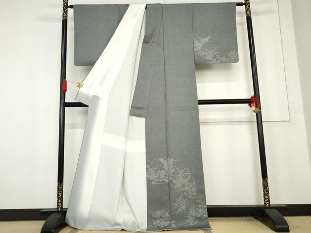 平和屋着物●訪問着　江戸小紋　鮫小紋柄　流水草花文　正絹　逸品　AABE8542cs