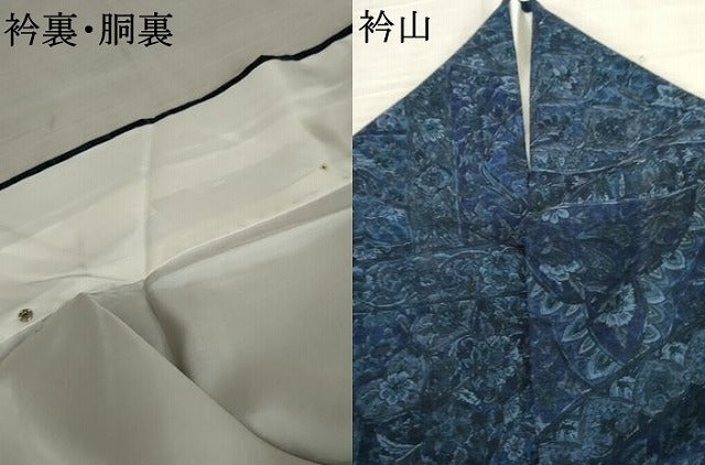 平和屋着物●上質な小紋　紬地　印度藍　更紗花鳥文　反端付き　正絹　逸品　AABE8551cs 平和屋着物○上質な小紋 紬地 印度藍 更紗花鳥文 反端