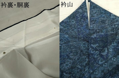 平和屋着物●上質な小紋　紬地　印度藍　更紗花鳥文　反端付き　正絹　逸品　AABE8551cs