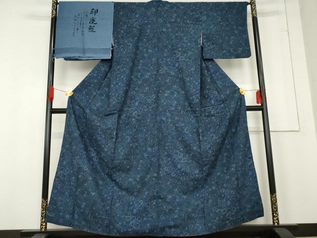 平和屋着物●上質な小紋　紬地　印度藍　更紗花鳥文　反端付き　正絹　逸品　AABE8551cs 平和屋着物○上質な小紋 紬地 印度藍 更紗花鳥文 反端