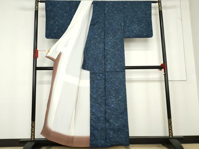 平和屋着物●上質な小紋　紬地　印度藍　更紗花鳥文　反端付き　正絹　逸品　AABE8551cs