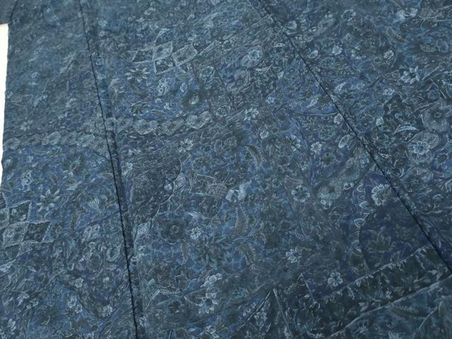 平和屋着物●上質な小紋　紬地　印度藍　更紗花鳥文　反端付き　正絹　逸品　AABE8551cs