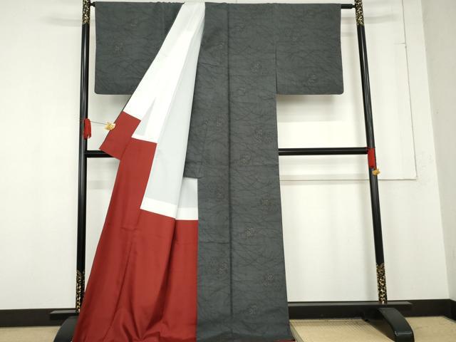 平和屋着物●結城紬　80亀甲　花丸文　ロング丈　正絹　逸品　AABE8556cs