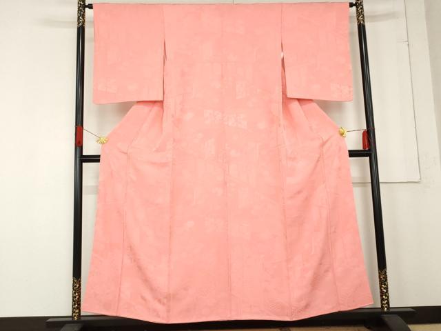 平和屋着物●上質な色無地　御所車吉祥草花地紋　薄紅色　正絹　逸品　AABE8566cs