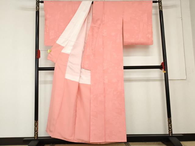 平和屋着物●上質な色無地　御所車吉祥草花地紋　薄紅色　正絹　逸品　AABE8566cs