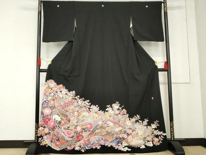 平和屋着物●本加賀友禅作家　村下信吉　黒留袖　絵巻風景飛鳥花文　暈し染め　正絹　逸品　AABE8571cs