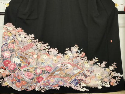 平和屋着物●本加賀友禅作家　村下信吉　黒留袖　絵巻風景飛鳥花文　暈し染め　正絹　逸品　AABE8571cs