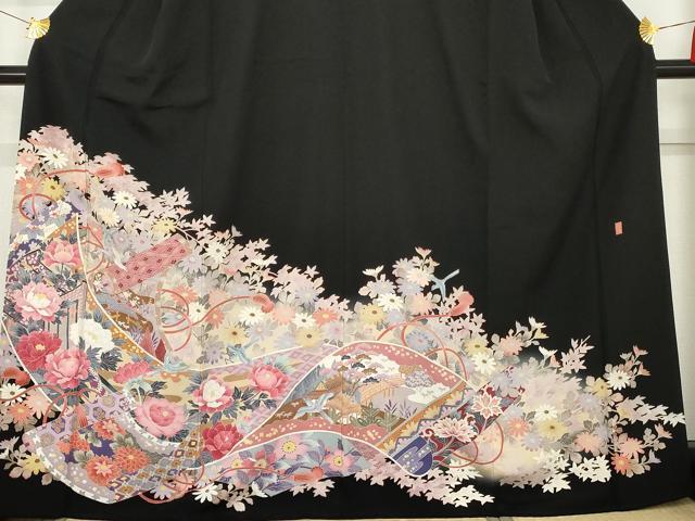 平和屋着物●本加賀友禅作家　村下信吉　黒留袖　絵巻風景飛鳥花文　暈し染め　正絹　逸品　AABE8571cs