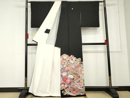平和屋着物●本加賀友禅作家　村下信吉　黒留袖　絵巻風景飛鳥花文　暈し染め　正絹　逸品　AABE8571cs