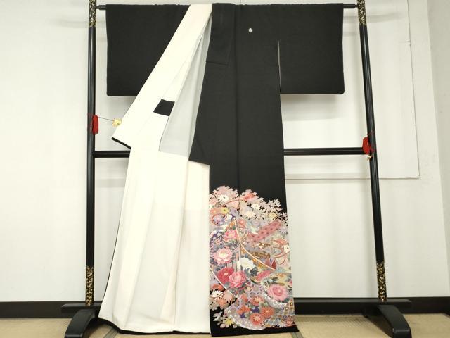 平和屋着物●本加賀友禅作家　村下信吉　黒留袖　絵巻風景飛鳥花文　暈し染め　正絹　逸品　AABE8571cs
