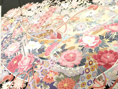 平和屋着物●本加賀友禅作家　村下信吉　黒留袖　絵巻風景飛鳥花文　暈し染め　正絹　逸品　AABE8571cs