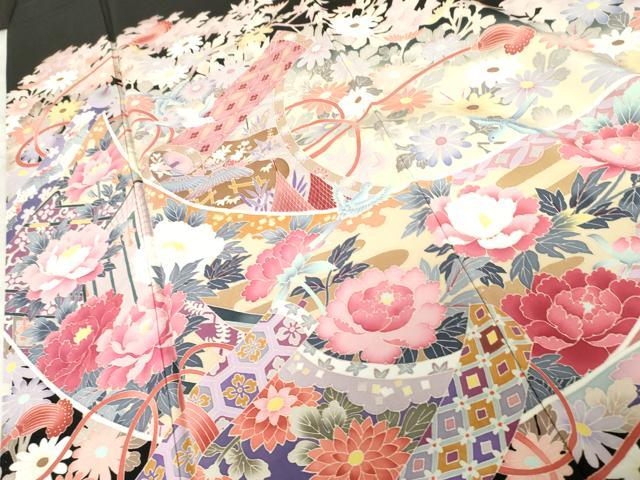 平和屋着物●本加賀友禅作家　村下信吉　黒留袖　絵巻風景飛鳥花文　暈し染め　正絹　逸品　AABE8571cs
